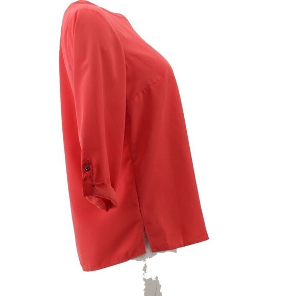 NWT LANDS' END PETITE ROLL TAB SLEEVE SPLIT NECK BLOUSE TOP CRIMSON DAWN 0P - Picture 3 of 8